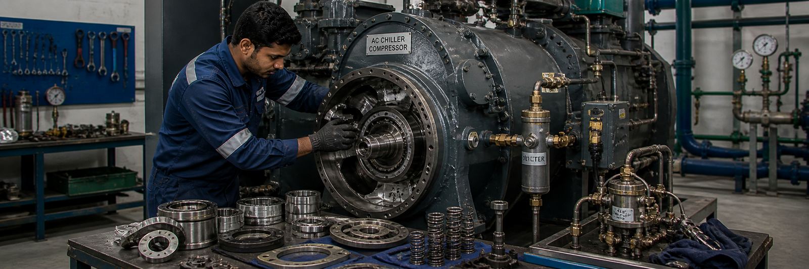 AC chiller compressor overhaul in NativeWay workshop — bearing, valve and oil-circuit work