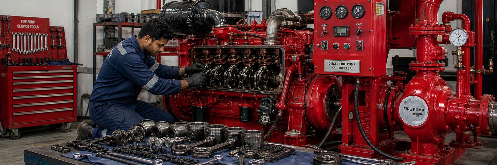 Diesel fire pump engine teardown in NativeWay workshop — full-flow churn and performance run preparation