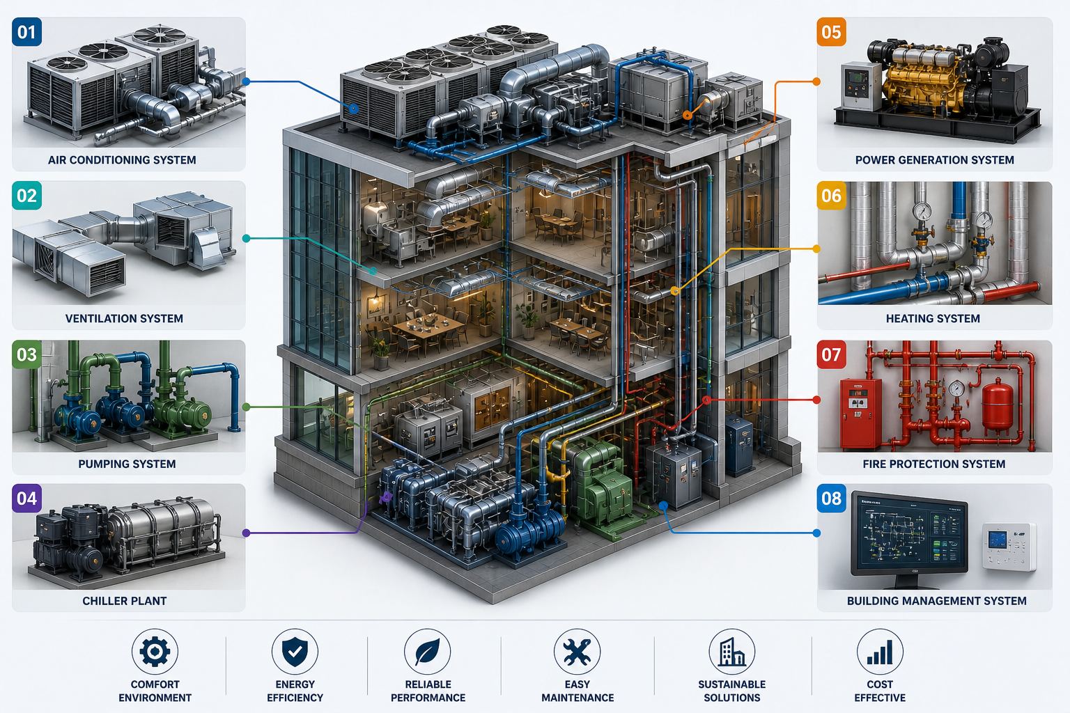 Mechanical engineering installations — air conditioning, ventilation, pumping, chiller plant, power generation, heating, fire protection and BMS shown in a cutaway building view