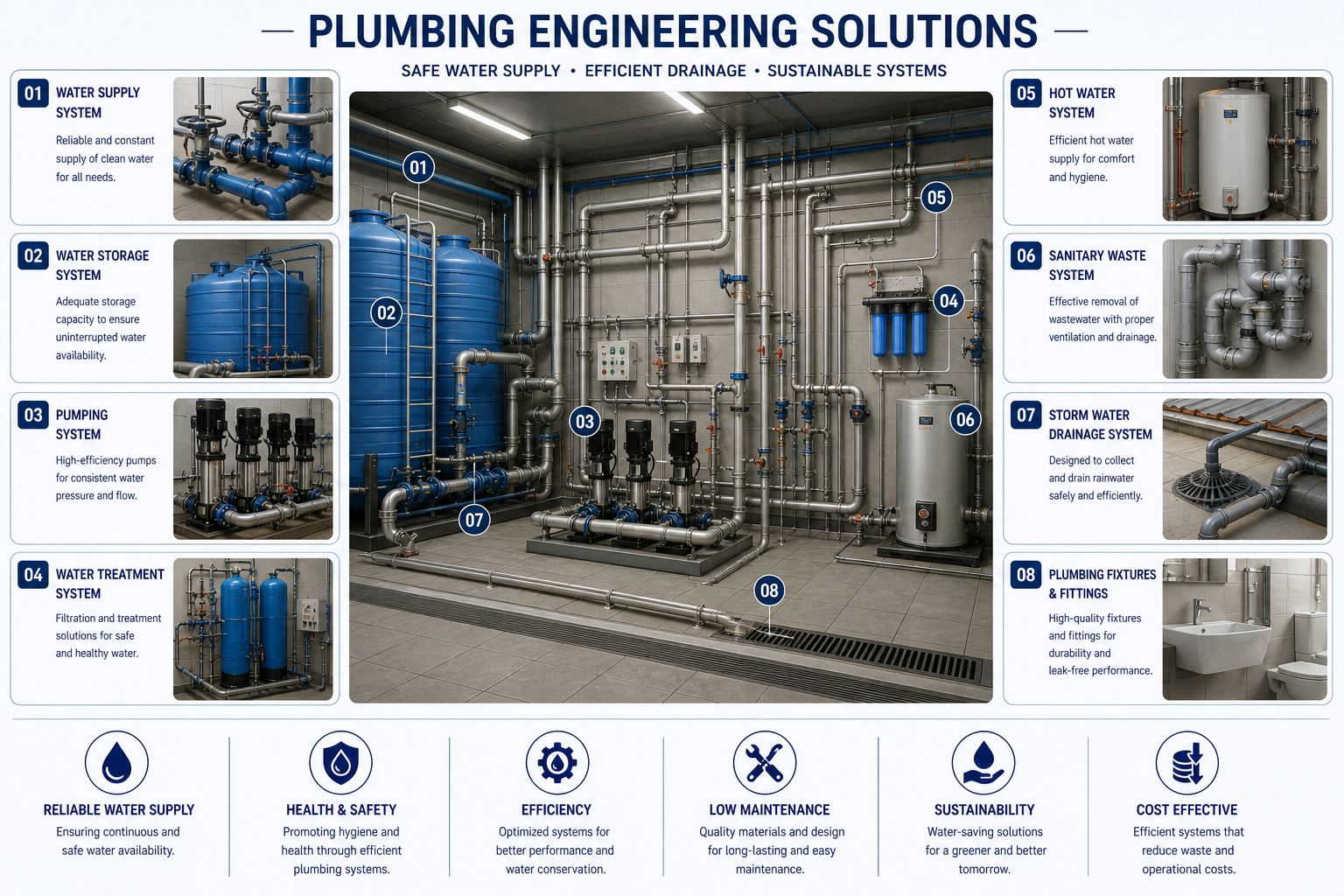 Plumbing engineering installations — water supply, storage, pumping, treatment, hot water, sanitary waste, storm drainage and fixtures
